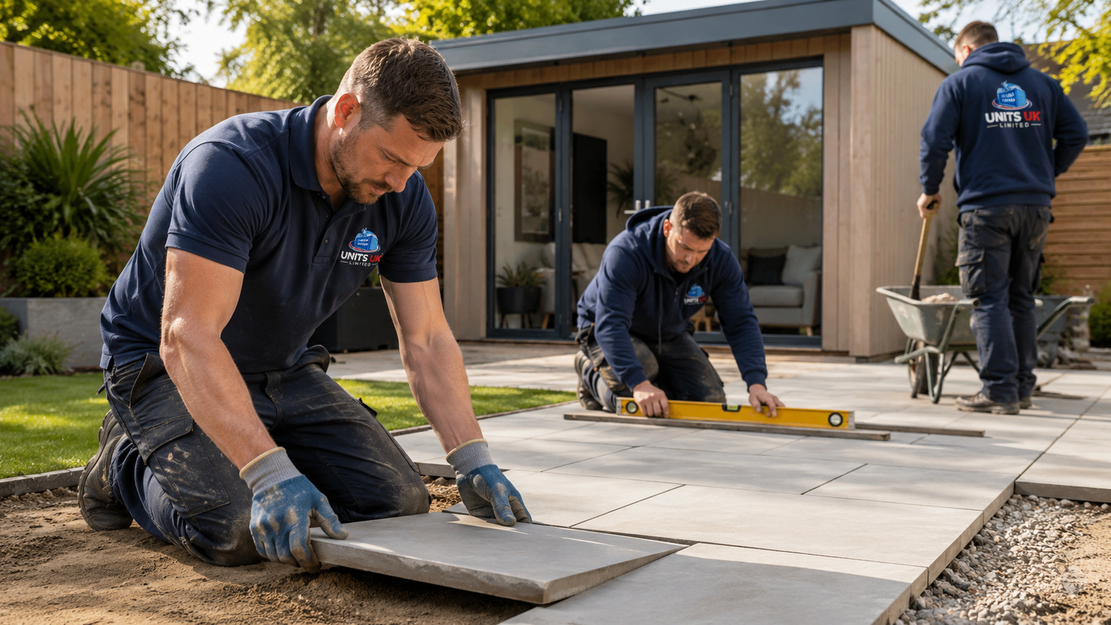 Units UK workers installing a patio